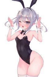 Rule 34 | absurdres, animal ears, black leotard, bow, bowtie, breasts, cowboy shot, detached collar, elf, fake animal ears, grey eyes, grey hair, highleg, highleg leotard, highres, idada (zvny7854), leotard, long hair, mesugaki, one eye closed, original, playboy bunny, pointy ears, rabbit ears, rabbit pose, simple background, small breasts, smile, strapless, strapless leotard, thighhighs, twintails, white background, white thighhighs, wrist cuffs