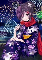 Rule 34 | 1girl, alternate costume, alternate hairstyle, black eyes, black hair, candy apple, fireworks, food, grass, hair ornament, hairclip, head tilt, holding, japanese clothes, kagerou project, kimono, looking at viewer, minazuki (0038), ponytail, red scarf, scarf, sitting, smile, solo, tateyama ayano, weeds, yukata