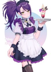 Rule 34 | 1girl, apron, black thighhighs, breasts, cowboy shot, crescent, dress, frilled apron, frilled dress, frills, hand up, highres, holding, holding tray, hourai ninjin, long hair, looking at viewer, maid, maid headdress, medium breasts, open mouth, parfait, pretty series, pripara, puffy short sleeves, puffy sleeves, purple hair, short sleeves, side ponytail, solo, standing, sweatdrop, thighhighs, toudou shion, tray, waist apron, white apron, wrist cuffs, yellow eyes