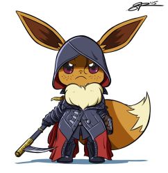 Rule 34 | angry, assassin&#039;s creed (series), black footwear, boots, brown fur, cosplay, creatures (company), eevee, evie frye, evie frye (cosplay), freckles, frown, furry, game freak, gen 1 pokemon, grey hoodie, hood, hoodie, md5 mismatch, nintendo, pokemon, red eyes, second-party source, shadow, signature, tail, weapon, white background