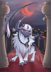 Rule 34 | absol, animal focus, bright pupils, chain, claws, creatures (company), crescent moon, forehead jewel, game freak, gen 3 pokemon, highres, horns, moon, night, night sky, nintendo, no humans, pokemon, pokemon (creature), red eyes, red moon, scythe, single horn, sky, soruva 359, star (sky), tail, weapon, white fur, white pupils