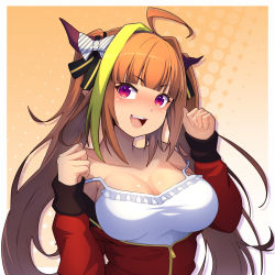 Rule 34 | 1girl, :d, ahoge, blonde hair, blunt bangs, blush, bow, breasts, camisole, cleavage, dragon girl, dragon horns, hair bow, hair intakes, highres, hololive, horns, jacket, kiryu coco, kiryu coco (loungewear), large breasts, long hair, multicolored hair, open mouth, orange hair, partially unzipped, red eyes, red jacket, smile, solo, strap slip, track jacket, twintails, two-tone hair, v-shaped eyebrows, very long hair, virtual youtuber, white camisole, yorunaku tanishi