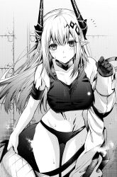 Rule 34 | 1girl, absurdres, arknights, armband, armpit crease, bare shoulders, black armband, black collar, black hair, black horns, black panties, black sports bra, breasts, collar, cowboy shot, double-parted bangs, greyscale, hair between eyes, hair ornament, highres, horns, infection monitor (arknights), jumpsuit, large breasts, light blush, long hair, looking at viewer, material growth, midriff, monochrome, mudrock (arknights), mudrock (elite ii) (arknights), navel, oripathy lesion (arknights), panties, parted lips, partially undressed, pointy ears, senju yosiyuki, skindentation, solo, sports bra, steaming body, sweat, thighs, underwear, white hair, white jumpsuit