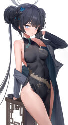Rule 34 | 1girl, absurdres, bad id, bad pixiv id, bare shoulders, berserker r, black dress, black gloves, black hair, blue archive, blush, braid, braided bun, breasts, butterfly hair ornament, china dress, chinese clothes, coat, covered navel, double bun, dragon print, dress, duplicate, gloves, grey coat, grey eyes, hair bun, hair ornament, half gloves, halo, highres, kisaki (blue archive), long hair, long sleeves, looking at viewer, medium breasts, off shoulder, pelvic curtain, pinstripe pattern, pixel-perfect duplicate, short dress, side slit, solo, striped, striped coat, thighs, twintails, vertical-striped coat, white background