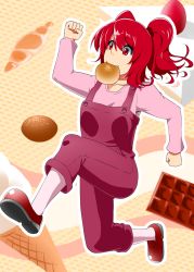 Rule 34 | 1girl, bread, cake, chocolate, contemporary, eating, female focus, food, food in mouth, fruit, hair bobbles, hair ornament, ice cream, mary janes, mattari yufi, mouth hold, onozuka komachi, overalls, red eyes, red hair, shoes, solo, strawberry, suspenders, touhou, twintails, two side up