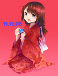 Rule 34 | 1girl, bad id, bad pixiv id, blue eyes, brown hair, dated, japanese clothes, kimono, long hair, open mouth, origami, seiza, shimoe, sitting, solo