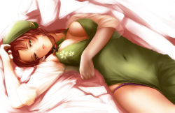 Rule 34 | 1girl, arm up, bad id, bad pixiv id, braid, breasts, china dress, chinese clothes, cleavage cutout, clothing cutout, dress, female focus, green dress, green eyes, hand on own head, hat, hong meiling, kirieppa, large breasts, looking at viewer, lying, navel, on side, open mouth, panties, purple panties, red hair, shirt, solo, star (symbol), touhou, twin braids, underwear
