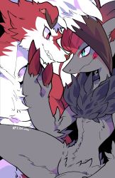 Rule 34 | absurdres, black fur, blue eyes, claws, commentary, creatures (company), furry, gacho (220 vvv), game freak, gen 5 pokemon, gen 7 pokemon, highres, looking at another, lycanroc, lycanroc (midnight), nintendo, pokemon, pokemon (creature), profile, red eyes, red fur, sharp teeth, symbol-only commentary, teeth, twitter username, white fur, zoroark