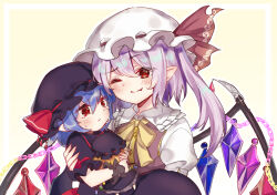 Rule 34 | 2girls, ;), absurdres, black headwear, blue hair, bow, bowtie, chain, commentary request, crying, crystal, doll, fang, flandre scarlet, flandre scarlet (vampire pursuing the hunter), hat, hat ribbon, highres, kutabiretainu, light purple hair, medium hair, multiple girls, one eye closed, one side up, pointy ears, red eyes, red ribbon, remilia scarlet, remilia scarlet (tiny devil mistress), ribbon, short hair, siblings, simple background, sisters, smile, tears, touhou, touhou lostword, white headwear, wings, yellow background, yellow bow, yellow bowtie