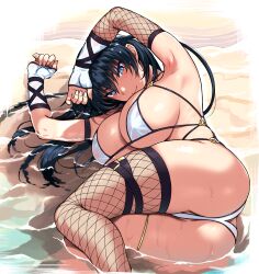 Rule 34 | 1girl, aa-rance, armpits, ass, beach, bikini, black hair, blue eyes, breasts, butt crack, closed mouth, fishnet thighhighs, fishnets, highres, igawa asagi, large breasts, long hair, looking at viewer, lying, on stomach, outdoors, sand, single thighhigh, smile, solo, summer, swimsuit, taimanin (series), taimanin asagi, thighhighs, water, wet, wet clothes, wet hair, wet swimsuit, white bikini