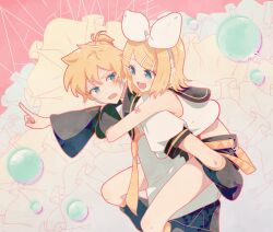 Rule 34 | 1boy, 1girl, :d, absurdres, arm tattoo, arm warmers, belt, black sailor collar, black shorts, blonde hair, blue eyes, bow, carrying, character name, crop top, from side, hair bow, hair ornament, hairclip, headphones, highres, kagamine len, kagamine rin, looking at another, looking back, noa (retsuhim6927), open mouth, outstretched arms, piggyback, pointing, sailor collar, shirt, short hair, short ponytail, short shorts, short sleeves, shorts, sleeveless, sleeveless shirt, smile, spiked hair, swept bangs, tattoo, upper body, vocaloid, white bow, white shirt