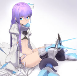 Rule 34 | 1girl, affiliation, blue eyes, bow, fate/grand order, fate (series), flat chest, hair bow, light smile, long hair, long sleeves, looking at viewer, meltryllis (fate), meltryllis (third ascension) (fate), navel, purple hair, smile, solo, spikes, thighs, very long hair, white bow
