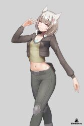 Rule 34 | 1girl, absurdres, alternate costume, animal ears, artist name, breasts, brown eyes, brown jacket, brown shirt, closed mouth, collarbone, commentary, crop top, english commentary, feet out of frame, fur-trimmed jacket, fur trim, grey background, grey hair, grey pants, head tilt, highres, jacket, knee pads, looking at viewer, midriff, mio (xenoblade), navel, open clothes, open jacket, pants, shirt, short hair, simple background, small breasts, smile, solo, v, xenoblade chronicles (series), xenoblade chronicles 3, zambonito