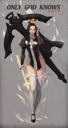 Rule 34 | 1girl, absurdres, arm at side, arrow (projectile), belt, black footwear, black hair, blue eyes, bow (weapon), commentary, cross, cross necklace, crossbow, dated, english text, facial mark, flying paper, forehead mark, full body, grey background, hand in own hair, highres, holding, holding arrow, holster, jewelry, kim han seul, long hair, long sleeves, looking away, mary janes, md5 mismatch, necklace, nun, original, paper, parted lips, pinup (style), puffy long sleeves, puffy sleeves, resolution mismatch, shoes, solo, source smaller, standing, thigh holster, thighhighs, weapon, white thighhighs