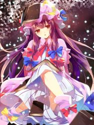 Rule 34 | 1girl, book, capelet, crescent, dress, hair ribbon, hat, hat ornament, long hair, mob cap, open mouth, patchouli knowledge, pink eyes, purple hair, ribbon, sitting, solo, striped clothes, striped dress, touhou, tress ribbon, tyuraba, upskirt, very long hair