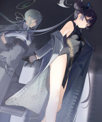 Rule 34 | 2girls, 7gao, black dress, black eyes, black gloves, black hair, black necktie, blue archive, china dress, chinese clothes, coat, collared shirt, covered navel, dress, from below, gloves, green hair, hair bun, halo, hand on own hip, high-waist pants, highres, kisaki (blue archive), long hair, long sleeves, looking at viewer, mina (blue archive), multiple girls, necktie, pants, perspective, pinstripe pattern, red eyes, shirt, shirt tucked in, sleeveless, sleeveless dress, standing, striped, thigh strap, white shirt