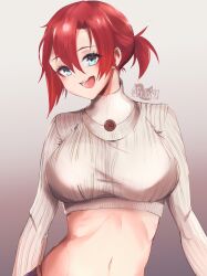Rule 34 | boudica (fate), breasts, buttons, ev3n793, fate/grand order, fate (series), green eyes, highres, large breasts, long sleeves, midriff, navel, red hair, short ponytail, smile, sweater