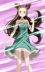 Rule 34 | 1girl, aqua dress, breasts, brown eyes, brown hair, cleavage, clenched teeth, collarbone, creatures (company), dress, floating hair, game freak, hair ornament, highres, holding, holding poke ball, jasmine (pokemon), layered dress, long hair, looking at viewer, medium breasts, nintendo, poke ball, pokemon, pokemon hgss, purple background, scared, see-through, solo, standing, strapless, strapless dress, sweatdrop, teeth, torn clothes, torn sleeves, tsukishiro saika, two side up, v-shaped eyebrows, very long hair, white sleeves