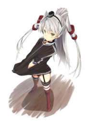 Rule 34 | 10s, 1girl, adapted costume, amatsukaze (kancolle), blush, brown eyes, buruma, from above, garter straps, hair tubes, highres, iwasaki takashi, jacket, kantai collection, long hair, looking at viewer, looking up, personification, ponytail, red thighhighs, silver hair, solo, striped clothes, striped thighhighs, thighhighs, track jacket, twintails, two side up