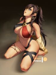 Rule 34 | 1girl, aqua eyes, barefoot, breasts, brown hair, commentary, dark-skinned female, dark skin, dehya (genshin impact), earrings, english commentary, full body, genshin impact, hair over one eye, head tilt, jewelry, large breasts, long hair, mystra77, navel, off shoulder, parted lips, patreon username, sitting, solo, stomach, swimsuit, thighs, very long hair