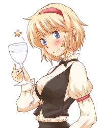 Rule 34 | 1girl, alice margatroid, alternate costume, arm belt, bad id, bad pixiv id, blonde hair, blue eyes, blush, contemporary, cup, drinking glass, earrings, jewelry, looking at viewer, non (z-art), short hair, smile, solo, star (symbol), touhou, upper body, vest, wine glass