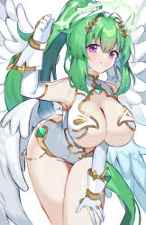 1girl alternate_costume arm_up artist_request breasts cle cleavage clenched_hand four_goddesses_online:_cyber_dimension_neptune gloves green_hair green_heart_(neptunia) hand_on_leg hand_on_own_leg hand_on_own_thigh hanging_breasts highres large_breasts leaning_forward legs long_hair looking_at_viewer neptune_(series) pink_lips ponytail purple_eyes smile solo source_request thighs wings