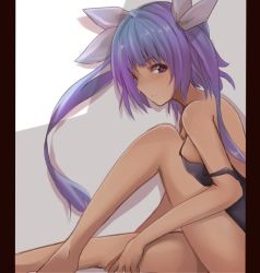 Rule 34 | 10s, 1girl, bare legs, bare shoulders, barefoot, dyson (edaokunnsaikouya), from side, hair ribbon, i-19 (kancolle), kantai collection, long hair, looking at viewer, pillarboxed, purple eyes, purple hair, ribbon, school swimsuit, solo, strap slip, swimsuit, twintails