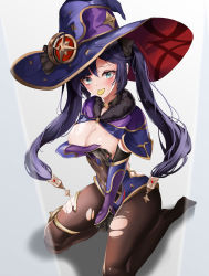 Rule 34 | 1girl, absurdres, black gloves, black hair, black legwear, blue eyes, bow, breasts, capelet, choker, cleavage, coin, commentary request, covering privates, covering breasts, detached sleeves, genshin impact, gloves, gold coin, hair between eyes, hair bow, hair ornament, hair ribbon, hat, highres, long hair, looking at viewer, mona (genshin impact), money, nevin (flyskying), ribbon, sidelocks, sitting, solo, torn clothes, torn legwear, twintails, wariza, white background, witch hat