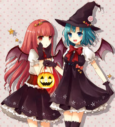 Rule 34 | 2girls, :d, aqua hair, bat wings, black gloves, black legwear, blue eyes, clothes lift, gloves, hair ornament, hairband, halloween, hands on own cheeks, hands on own face, hat, holding, jack-o&#039;-lantern, lantern, long hair, looking at viewer, multiple girls, open mouth, original, red eyes, red hair, short hair, skirt, skirt lift, smile, thighhighs, wings, witch hat, yon (letter), zettai ryouiki