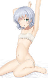 Rule 34 | 1girl, armpits, bed, blush, bra, collarbone, green eyes, highres, navel, one eye closed, open mouth, panties, sanya v. litvyak, sc naru, short hair, side-tie panties, simple background, sitting, solo, strike witches, underwear, underwear only, white background, white bra, white hair, white panties, world witches series