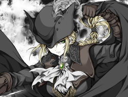 Rule 34 | 1girl, absurdres, ascot, black cape, black hat, blonde hair, bloodborne, breasts, brown coat, cape, coat, commentary request, expressionless, gloves, green eyes, grey background, hair ornament, hat, hat feather, highres, holding, holding cape, holding clothes, lady maria of the astral clocktower, long hair, looking at viewer, medium breasts, one eye covered, ponytail, shaded face, shimoda masaya, solo, sword, the old hunters, tricorne, upper body, weapon