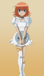 Rule 34 | 1girl, absurdres, apron, asymmetrical clothes, asymmetrical footwear, bakugan, bakugan new vestroia, blue eyes, blush, boots, choker, earrings, flat chest, highres, jewelry, knee boots, mira fermin, mismatched footwear, orange hair, short hair, simple background, single thighhigh, solo, standing, thigh boots, thighhighs, tray, vector trace, waitress, white thighhighs, wslasher