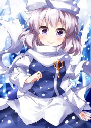Rule 34 | 1girl, apron, blue dress, closed mouth, cowboy shot, dress, highres, ice background, juliet sleeves, letty whiterock, long sleeves, looking at viewer, medium hair, polearm, puffy sleeves, purple eyes, ruu (tksymkw), scarf, silver hair, smile, snowing, solo, standing, touhou, trident, waist apron, weapon, white apron, white headwear, white scarf
