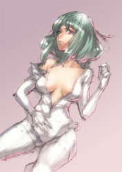 Rule 34 | 1girl, aro (charged time out), bad id, bad pixiv id, bodysuit, breasts, green hair, medium breasts, off shoulder, original, pink eyes, sketch, solo, unzipped