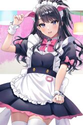 Rule 34 | 8n0 g, akiba maid sensou, alternate costume, apron, apron tug, black hair, black shirt, black skirt, blush, bow, bowtie, buttons, commentary, cosplay, cowboy shot, enmaided, flat chest, frilled apron, frills, half updo, hand up, highres, idolmaster, idolmaster shiny colors, kazano hiori, layered skirt, long hair, looking at viewer, maid, maid apron, maid headdress, mole, mole under mouth, parted lips, pink bow, pink bowtie, puffy short sleeves, puffy sleeves, purple eyes, shirt, short sleeves, sidelocks, simple background, skirt, solo, thighhighs, thighs, white apron, white background, white thighhighs, wrist cuffs, zettai ryouiki