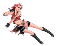 Rule 34 | 1girl, alternate breast size, arm warmers, bandages, bare shoulders, bike shorts, black footwear, black gloves, boots, breasts, collarbone, crop top, eyelashes, female focus, fingerless gloves, gloves, green eyes, haruno sakura, headband, headdress, holding, holding weapon, holster, knee boots, kunai, legs, looking to the side, midriff, miniskirt, naruto (series), naruto shippuuden, navel, ninja, open mouth, parted lips, pink hair, pink skirt, pocket, red shirt, shinobi974samuel, shiny clothes, shirt, shoes, short hair, shorts, shorts under skirt, side slit, simple background, skirt, sleeveless, sleeveless shirt, solo, spandex, thigh holster, thigh strap, thighs, toeless footwear, toes, weapon, white background