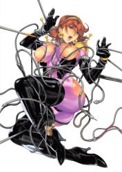 Rule 34 | 1girl, absurdres, ass, bodysuit, breasts, brown hair, g gundam, gundam, highres, homare (fool&#039;s art), nipples, open mouth, rain mikamura, short hair, simple background, solo, tentacles, torn bodysuit, torn clothes, white background, wire