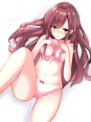 Rule 34 | 1girl, bare legs, blush, bow, bow bra, bow panties, bra, breasts, brown hair, commentary request, gluteal fold, highres, idolmaster, idolmaster shiny colors, leg up, long hair, lying, navel, on back, osaki amana, panties, pink bra, pink panties, satome guy, simple background, small breasts, sparkle, sparkle background, thighs, underwear, wavy mouth, white background, yellow eyes