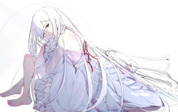 Rule 34 | 1girl, absurdres, barefoot, crossed legs, dress, feet, full body, highres, long hair, looking at viewer, md5 mismatch, original, resolution mismatch, simple background, sitting, soles, solo, source smaller, white background, white dress, white hair, white theme, yonemuro