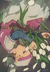 Rule 34 | 1girl, absurdres, aqua eyes, belt, blonde hair, blue shirt, brown belt, dress, feet out of frame, flower, hat, highres, long dress, long sleeves, looking at viewer, lying, mob cap, nintendo, on side, partially submerged, pointy ears, princess zelda, shirt, shrub mtg, solo, the legend of zelda, the legend of zelda: ocarina of time, tulip, tunic, two-tone headwear, white dress, white flower, young zelda