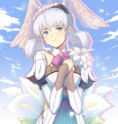 Rule 34 | 1girl, blue eyes, cat with a brush, dress, flower, head wings, headband, highres, melia antiqua, short dress, short hair, silver hair, sky, solo, wings, xenoblade chronicles: future connected, xenoblade chronicles (series), xenoblade chronicles 1