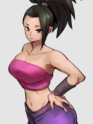 Rule 34 | 1girl, bare shoulders, black eyes, black hair, breasts, caulifla, caulifla (cosplay), cleavage, collarbone, cosplay, dragon ball, dragon ball super, grey background, hand on own hip, kale (dragon ball), kemachiku, large breasts, looking at viewer, midriff, navel, ponytail, short hair, simple background, solo
