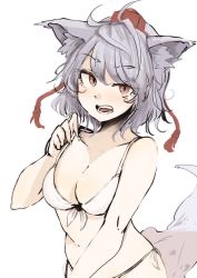 Rule 34 | 1girl, animal ear fluff, animal ears, bikini, breasts, cleavage, front-tie bikini top, front-tie top, grey hair, hand up, hat, inubashiri momiji, large breasts, looking at viewer, medium hair, necro (nekurodayo), open mouth, red eyes, red hat, simple background, solo, swimsuit, tail, tokin hat, touhou, white background, white bikini, wolf ears, wolf tail