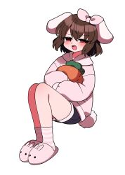 Rule 34 | 1girl, absurdres, alternate costume, animal ears, animal slippers, black shorts, bow, bunny slippers, carrot, floppy ears, hair bow, highres, hood, hoodie, inaba tewi, pink bow, pink hoodie, rabbit ears, rabbit girl, rabbit tail, shorts, simple background, slippers, socks, solo, striped clothes, striped socks, stuffed toy, tail, touhou, white background, you (noanoamoemoe)
