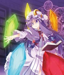 Rule 34 | 1girl, book, crescent, crystal, dress, hat, long hair, magic circle, open book, outstretched arm, patchouli knowledge, purple eyes, purple hair, ribbon, satou kibi, solo, touhou, very long hair