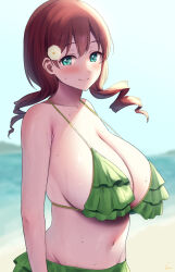 Rule 34 | 1girl, aqua eyes, armpit crease, arms at sides, artist name, bare arms, bare shoulders, beach, bikini, blue sky, blurry, blurry background, blush, breasts, brown hair, cleavage, closed mouth, commentary request, day, drill hair, emma verde, flower, freckles, frilled bikini, frills, green bikini, groin, halterneck, highres, huge breasts, long hair, looking at viewer, looking to the side, love live!, love live! nijigasaki high school idol club, navel, ocean, outdoors, signature, sky, smile, solo, standing, stomach, strap gap, swimsuit, twin drills, upper body, water drop, wet, white flower, yue (show-ei)