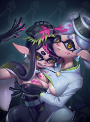 Rule 34 | 2girls, :d, absurdres, bare shoulders, black dress, black gloves, black hair, breast press, breasts, bright pupils, callie (splatoon), cheek squash, chinese commentary, cleavage, clothing cutout, cousins, covered navel, dress, earrings, glint, gloves, gradient hair, green hair, grey hair, h.an (516635864), hand on another&#039;s ass, hand on another&#039;s head, hand up, highres, inkling, jewelry, long hair, long sleeves, looking at viewer, marie (splatoon), medium breasts, mole, mole under eye, multicolored hair, multiple girls, neck ring, nintendo, open mouth, paint, pointy ears, short hair, smile, sparkle, splatoon (series), splatoon 3, squid, strapless, strapless dress, symmetrical docking, teeth, tentacle hair, two-tone hair, underboob, underboob cutout, white pupils, yellow eyes