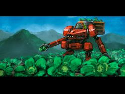 Rule 34 | 1boy, bottoms1237, cabbage, farming, field, highres, letterboxed, long arms, looking ahead, mecha, mountain, one-hour drawing challenge, original, robot, scenery, solo