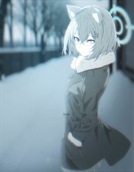 Rule 34 | 1girl, animal ear fluff, animal ears, blue archive, coat, cross, greyscale, halo, hand in pocket, heterochromia, highres, looking at viewer, monochrome, outdoors, samess 333, shiroko (blue archive), simple background, skirt, trench coat, winter, winter clothes, wolf ears, wolf girl