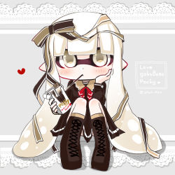 Rule 34 | 1girl, boots, food, food in mouth, grey background, hair ribbon, heart, highres, holding, holding food, inkling, inkling girl, inkling player character, lace trim, long sleeves, nintendo, pocky, ribbon, sitting, skirt, solo, splatoon (series), splatoon 1, tentacle hair, tentacles, white eyes, white hair, yaya (yayaya)